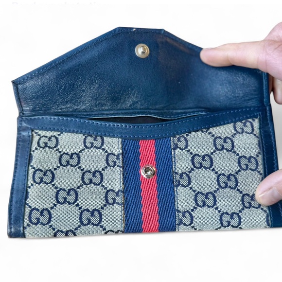 Gucci Blue/Beige with Red Stripe GG Supreme Canvas Vintage Wallet - Picture 4 of 5